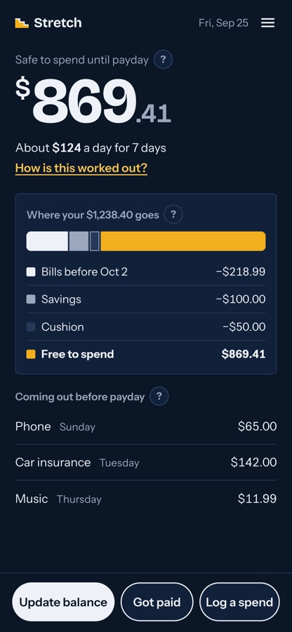 The Stretch home screen showing the amount that is safe to spend