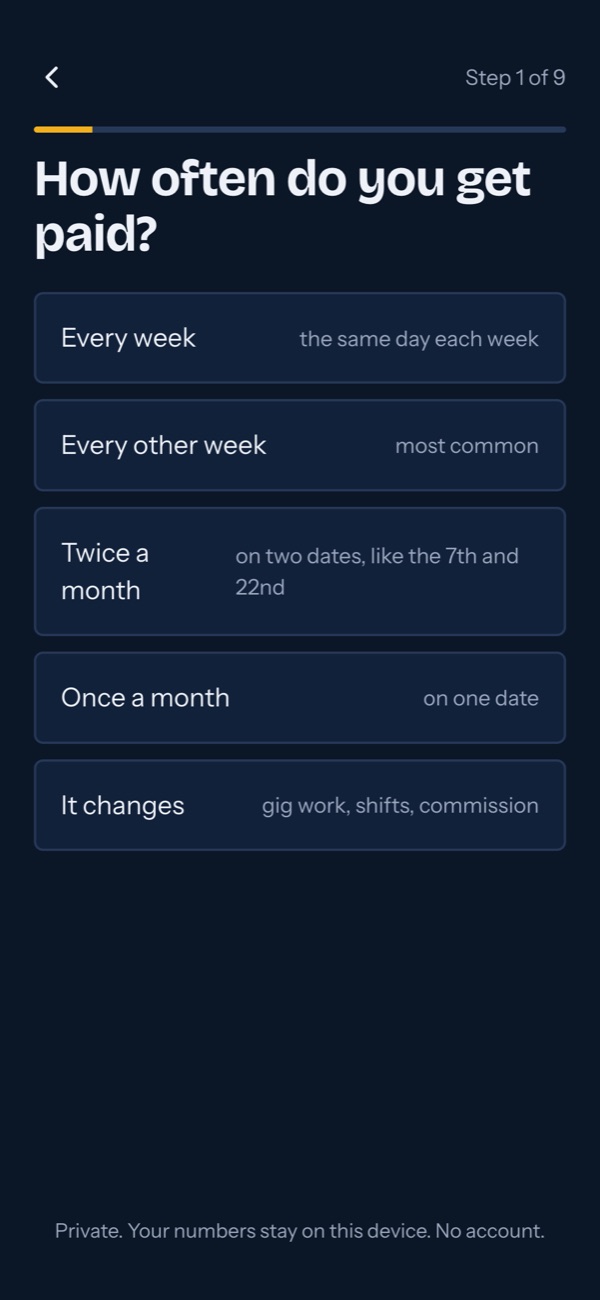 Stretch setup, step 1 of 9, asking how often you get paid